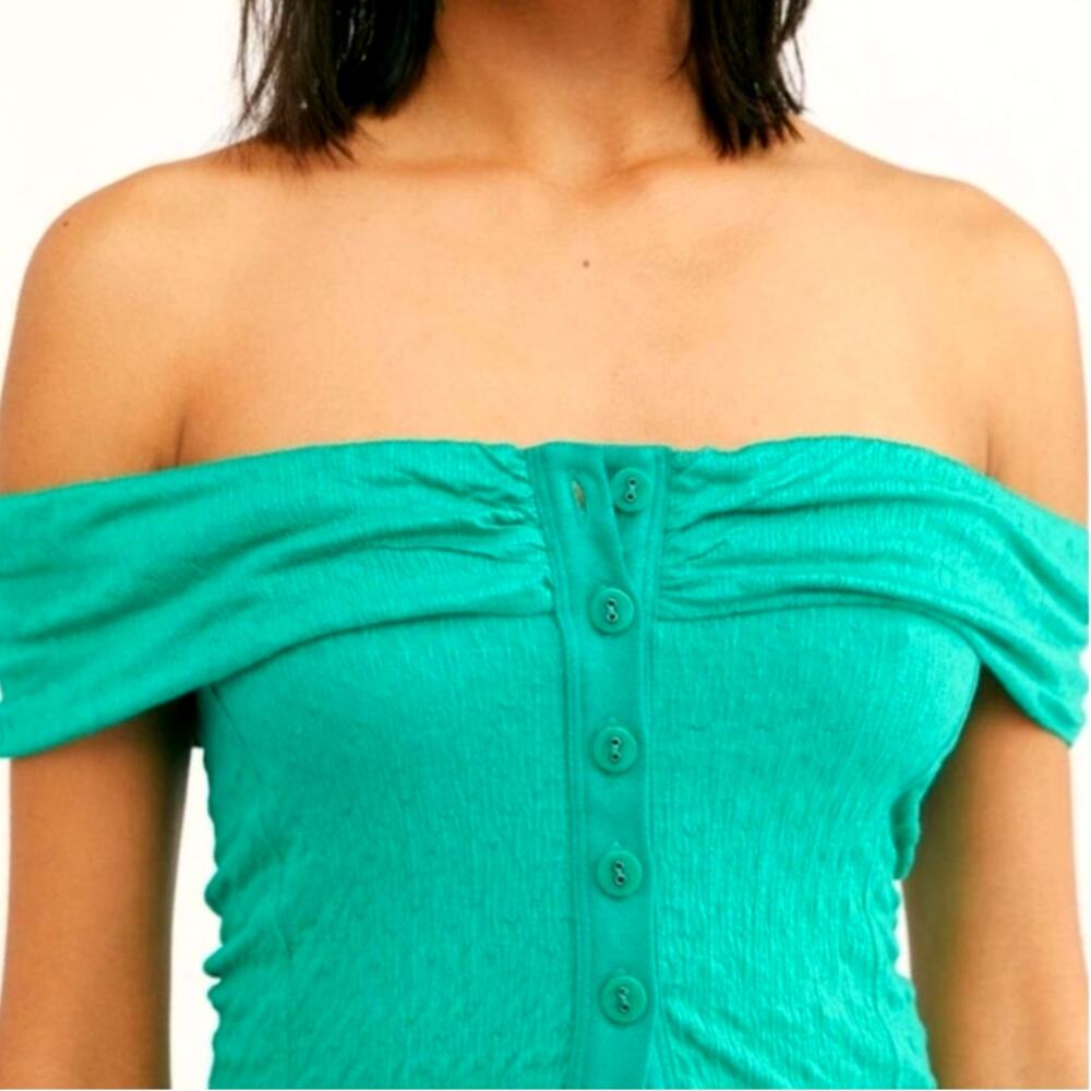 Free People Ohana Off Shoulder Smocked Crop Top XL Green Bloomcore Festival Vaca